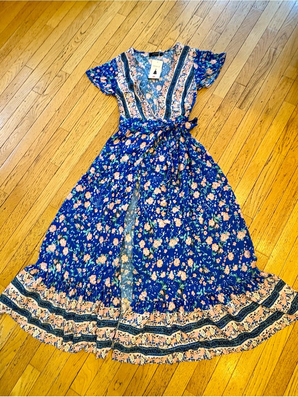 Blue Floral Wrap Maxi Dress with Tie Waist